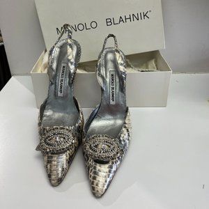 Manolo Blahnik Metallic Snake Sling Back Heels